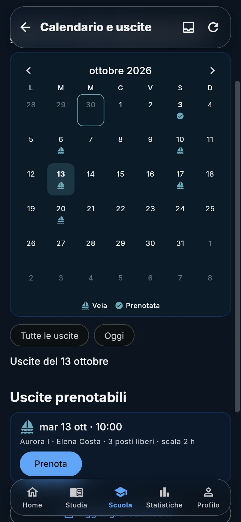 Il calendario e le prenotazioni nell’app dell’allievo