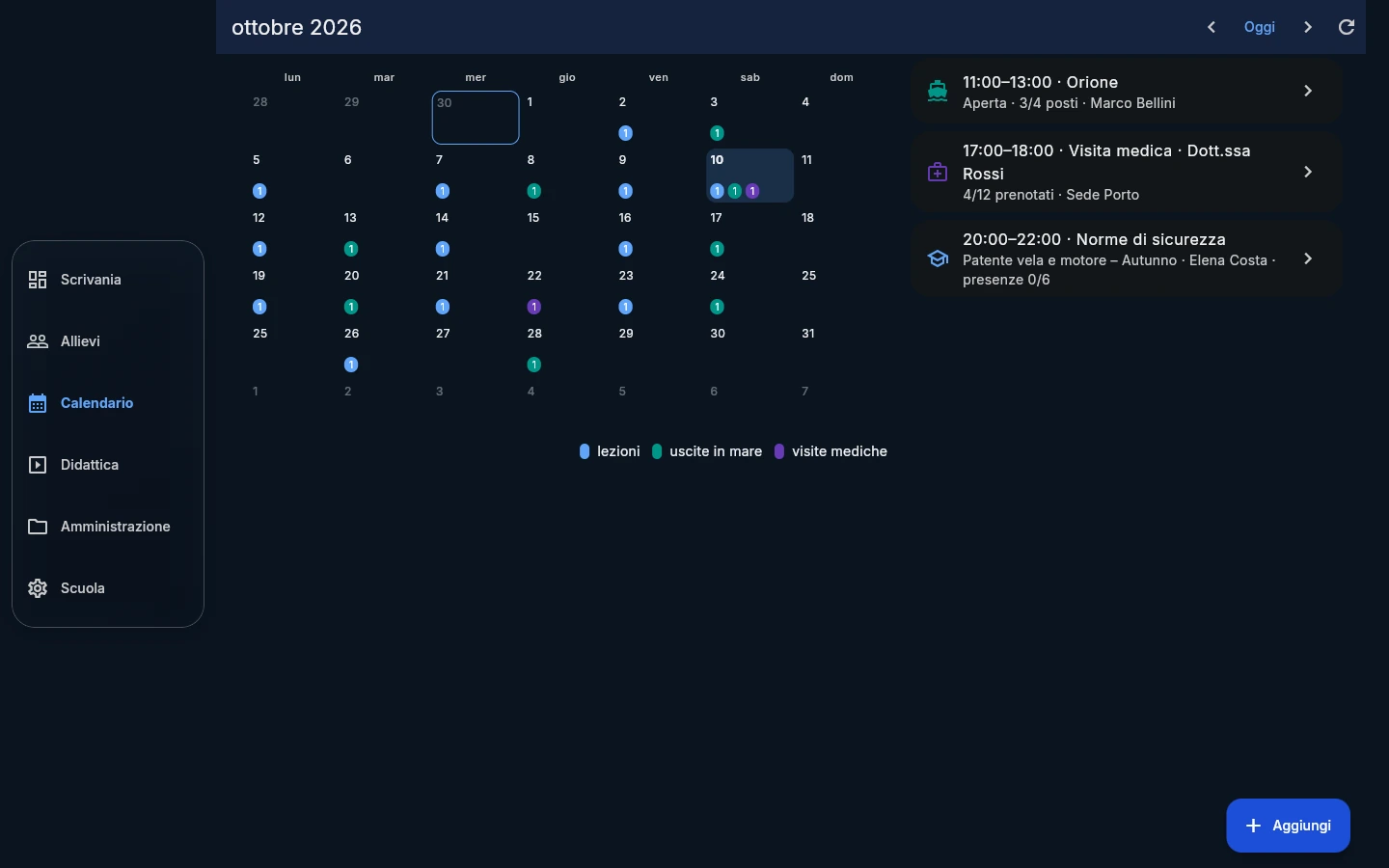 Calendario del gestionale con lezioni e uscite in mare